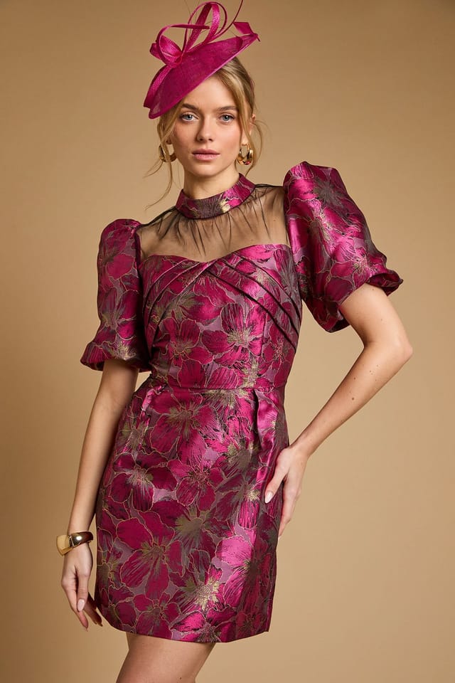 Oasis Oasis Women's Jacquard Puff Sleeve High Neck Mini Dress in Pink - 2