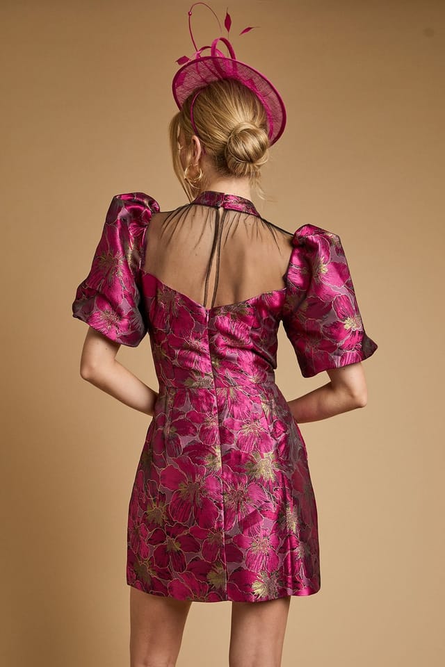 Oasis Oasis Women's Jacquard Puff Sleeve High Neck Mini Dress in Pink - 3