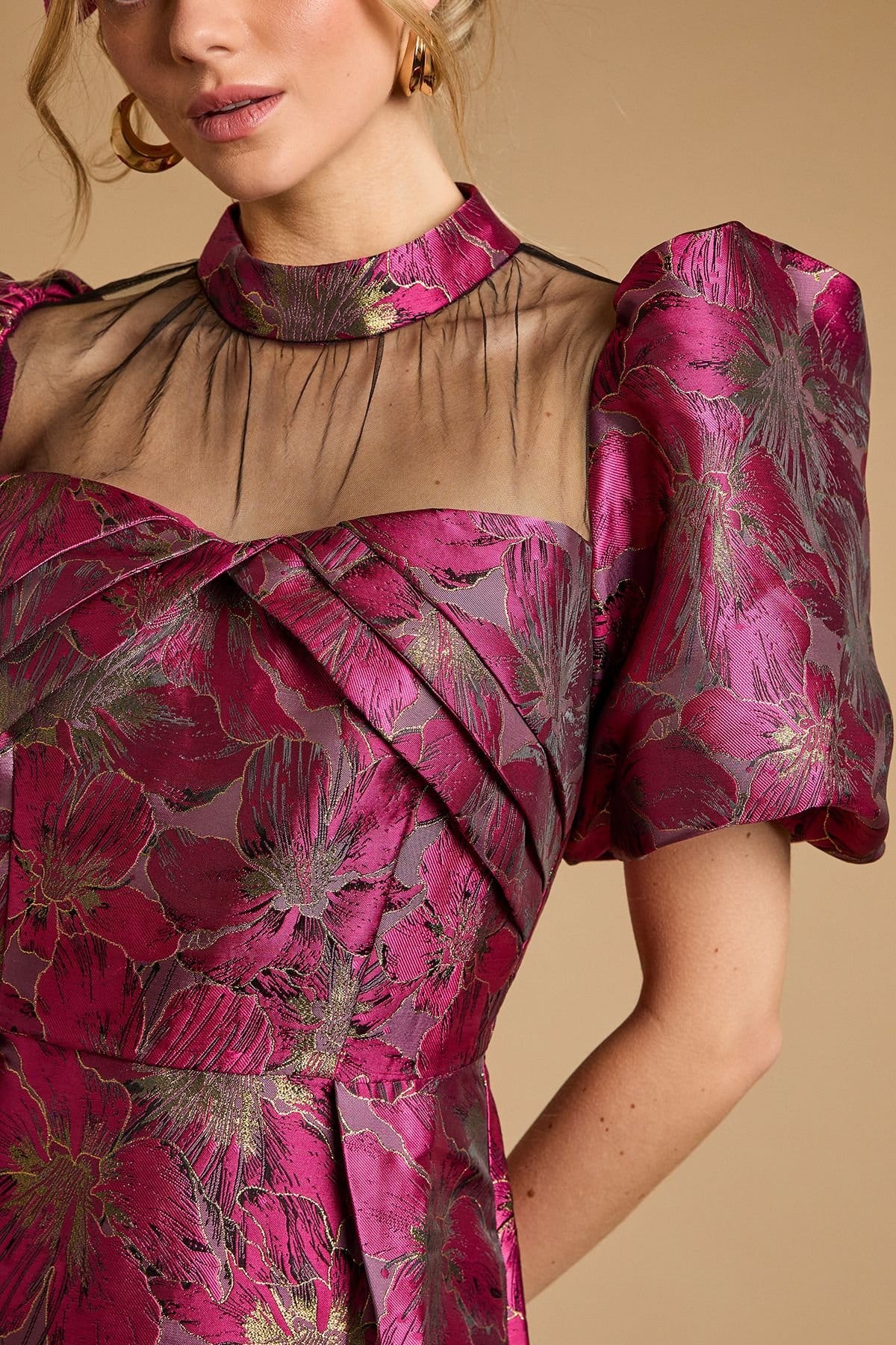 Oasis Oasis Women's Jacquard Puff Sleeve High Neck Mini Dress in Pink - 4