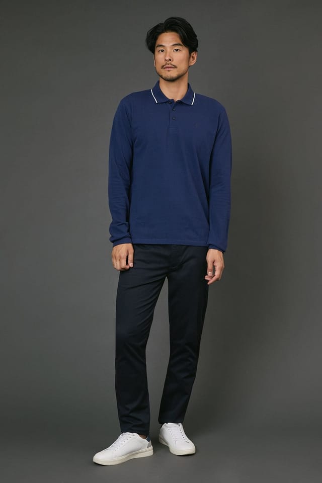 Maine Maine Men's Blue Long Sleeve Pique Polo Shirt - 2