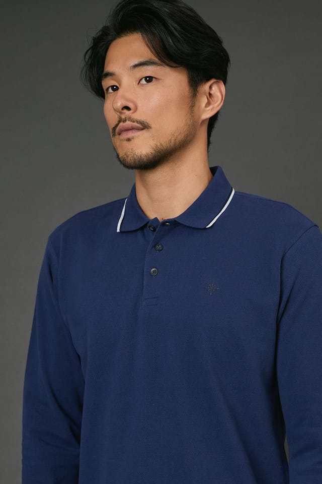 Maine Maine Men's Blue Long Sleeve Pique Polo Shirt - 3