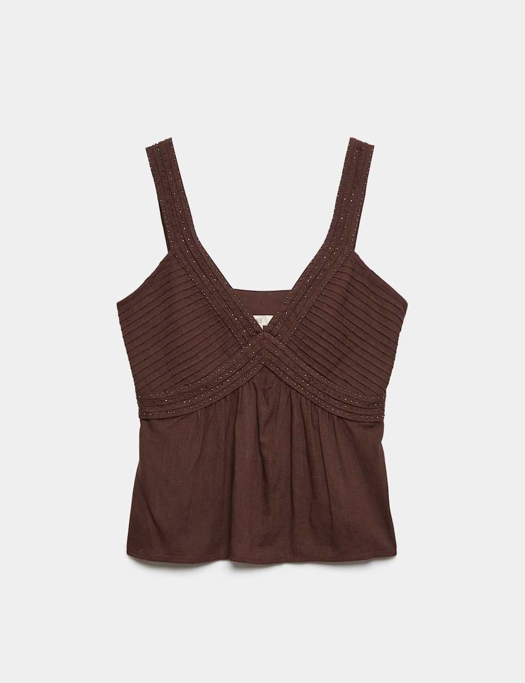 Marks & Spencer M&S Textured Beaded V-Neck Cami Top with Linen Peat