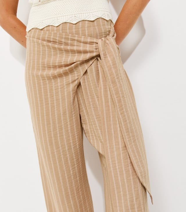 New Look Women's Camel Striped Wrap Front Wide Leg Trousers New Look - 2