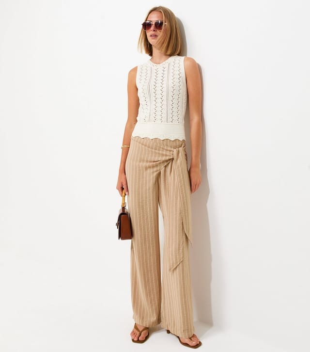 New Look Women's Camel Striped Wrap Front Wide Leg Trousers New Look - 3