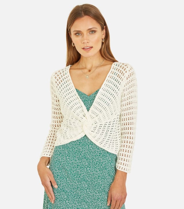 Yumi Women's Ivory Open Knit Knotted Top Yumi New Look - 3
