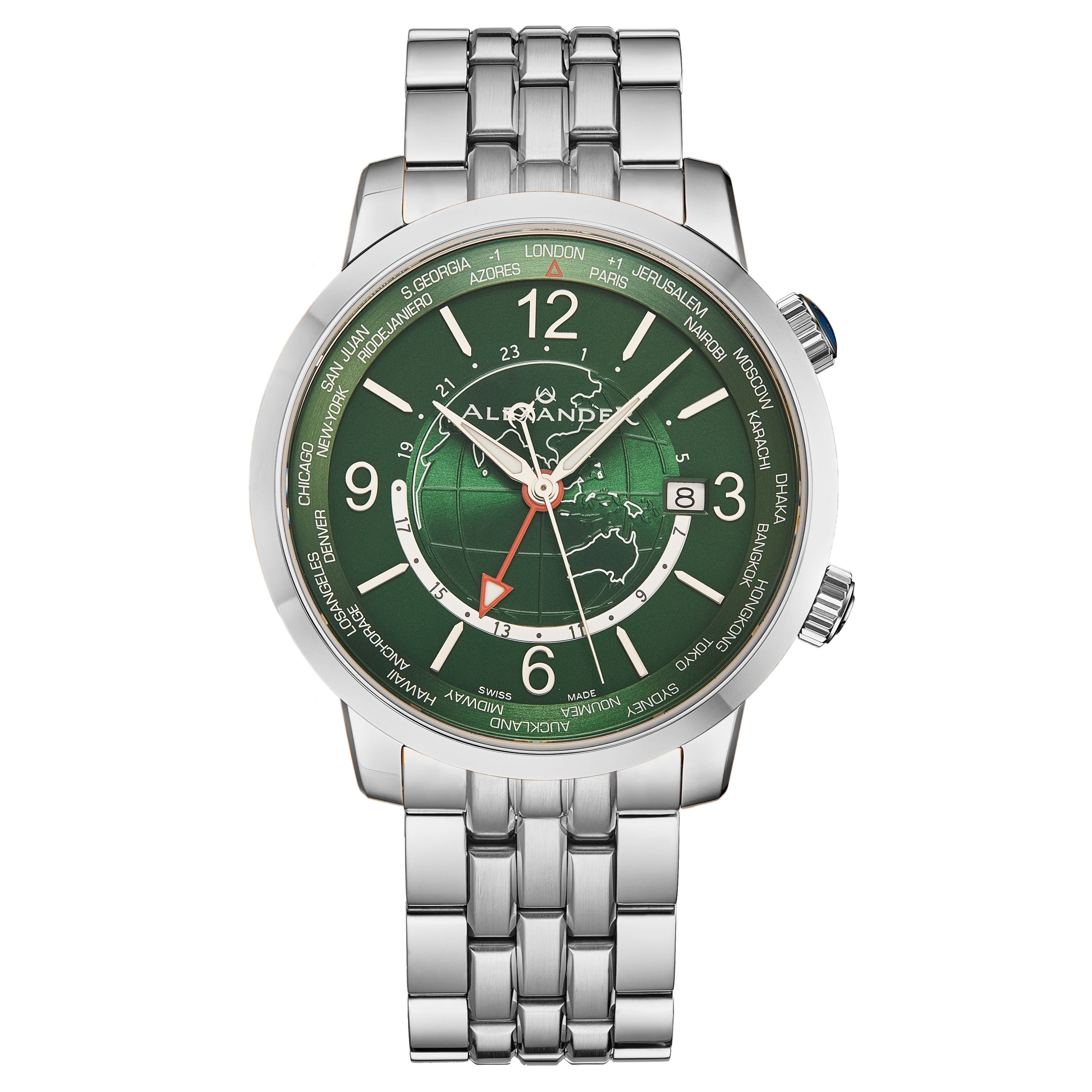 Alexander Alexander Men's A171B Journeyman 2 42mm Luxury World Traveler Watch in Green - 1