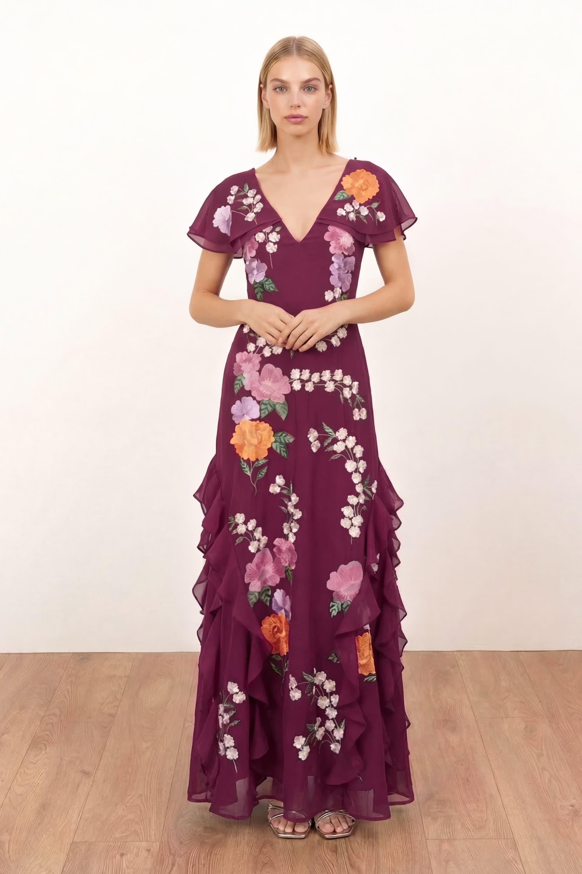 Maya Deluxe Maya Deluxe Women's Floral Embroidery Cape Sleeve Tie Back Maxi Dress in Plum