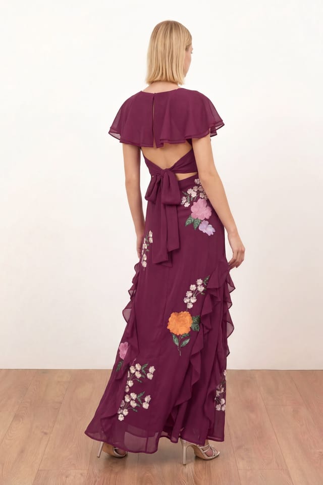 Maya Deluxe Maya Deluxe Women's Floral Embroidery Cape Sleeve Tie Back Maxi Dress in Plum - 2
