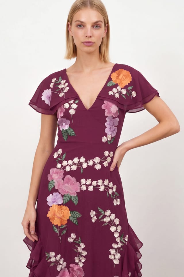 Maya Deluxe Maya Deluxe Women's Floral Embroidery Cape Sleeve Tie Back Maxi Dress in Plum - 3