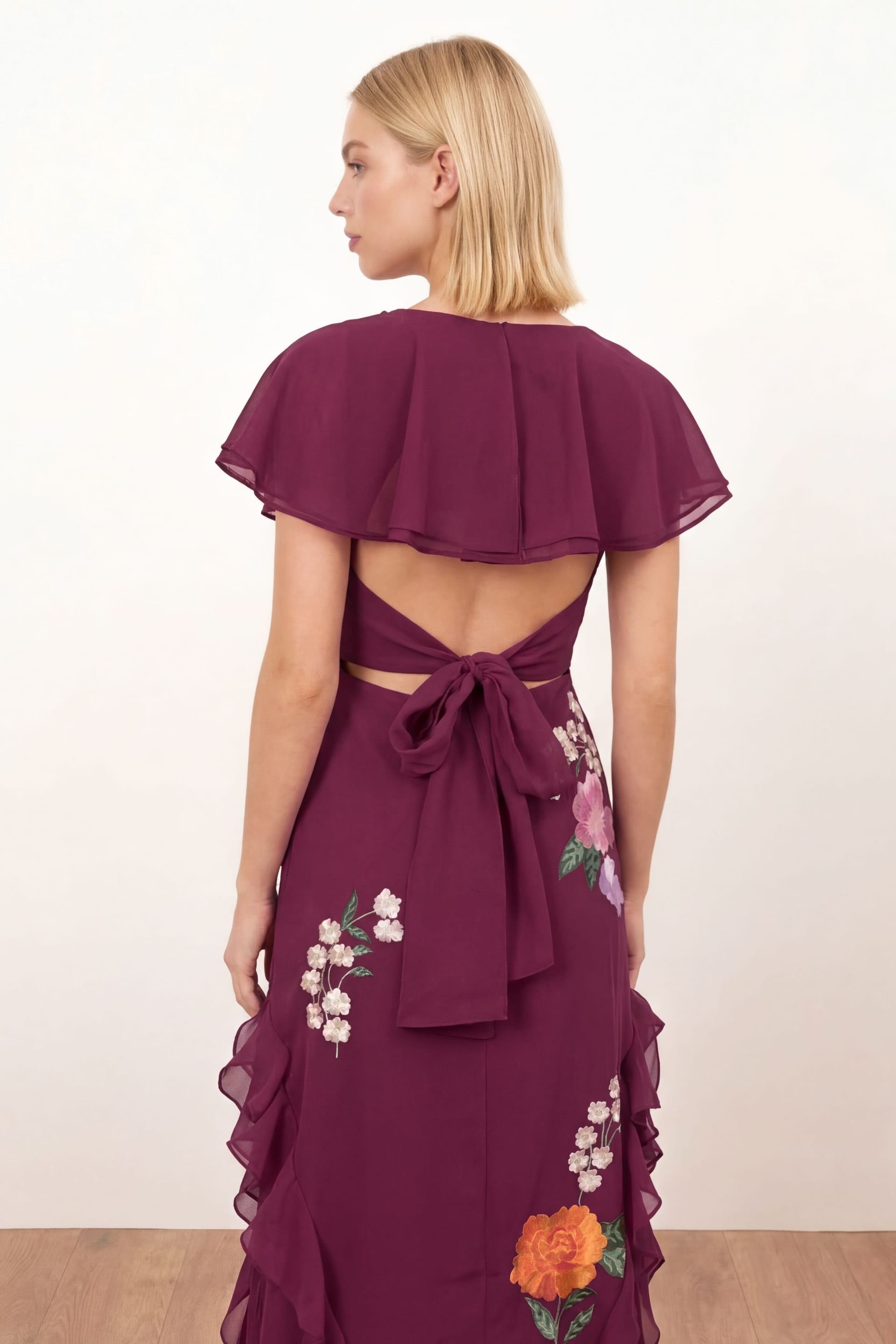 Maya Deluxe Maya Deluxe Women's Floral Embroidery Cape Sleeve Tie Back Maxi Dress in Plum - 4