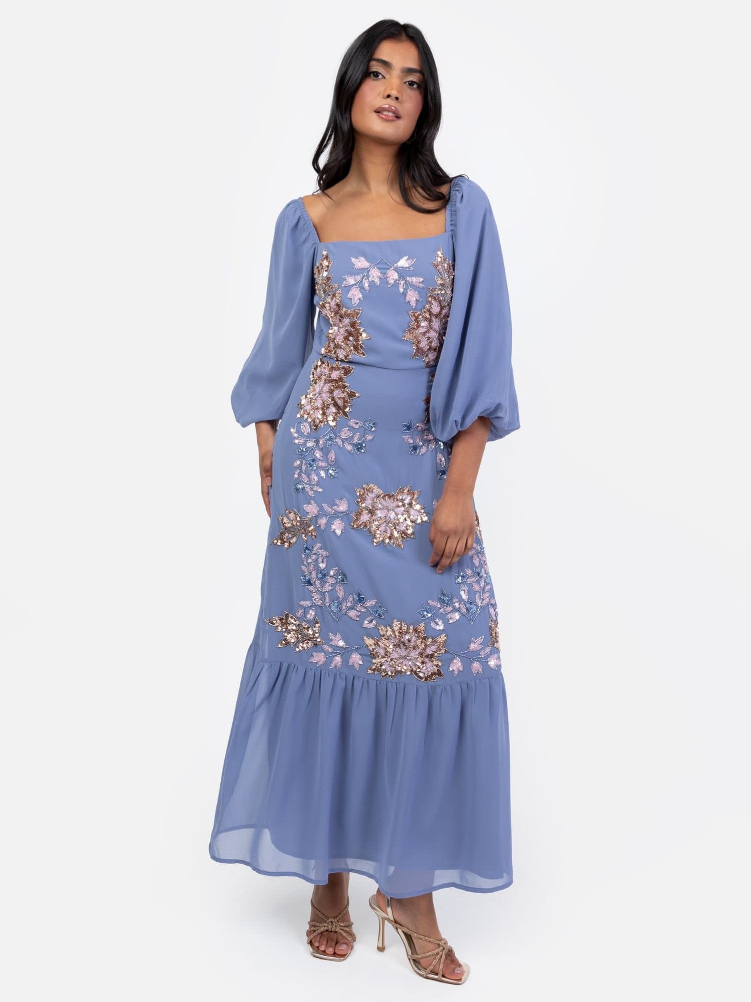 Maya Deluxe Maya Deluxe Women's Embellished Square Neck Midaxi Dress in Blue