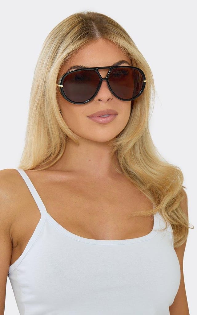 EGO Oversized Gold Frame Brown Tinted Lense Aviator Sunglasses In Black, Women's Size UK 0 - 2