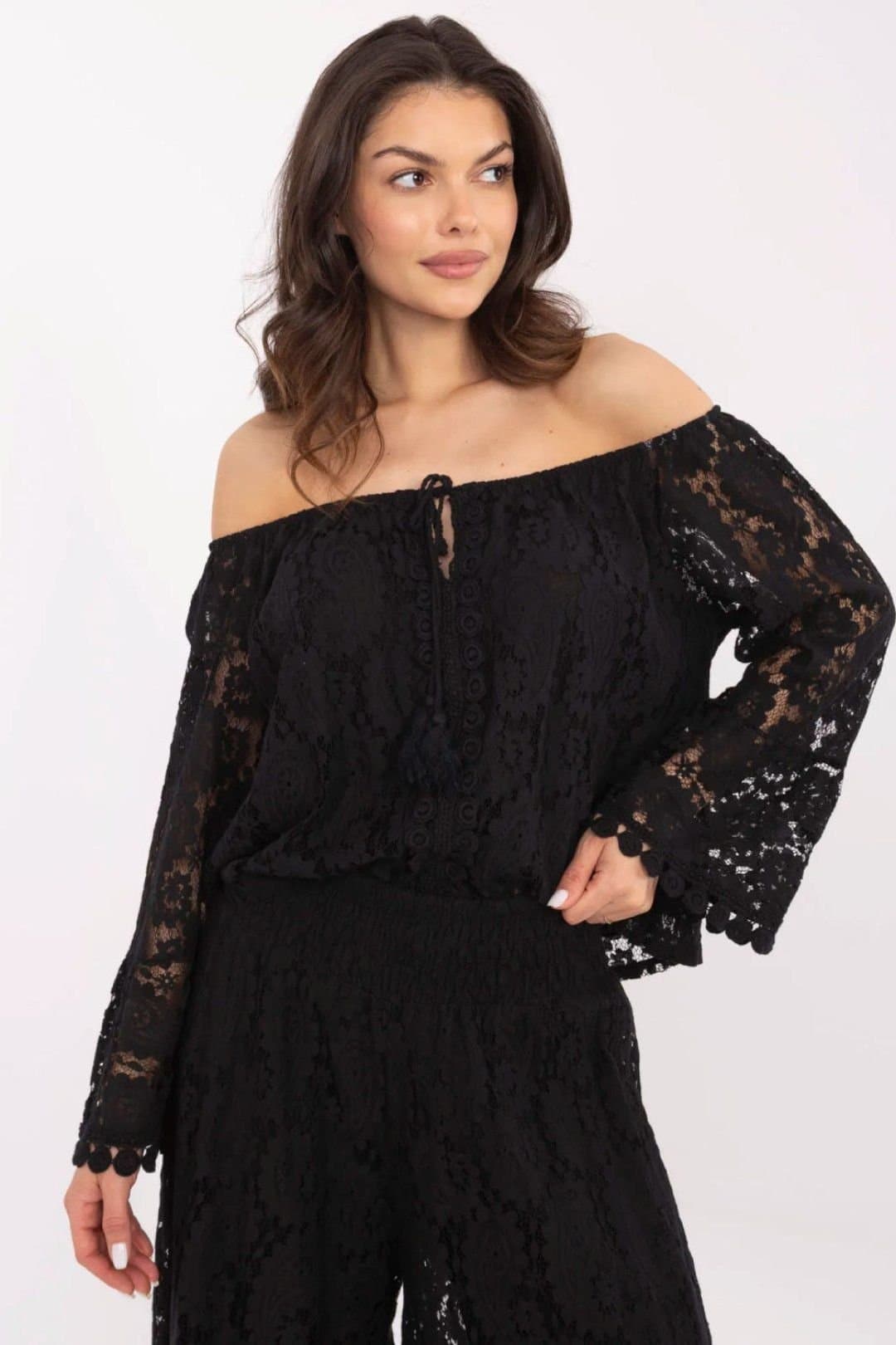 Love Lace Love Lace Women's Lace Short Blouse with Spanish Neck Tie in Black