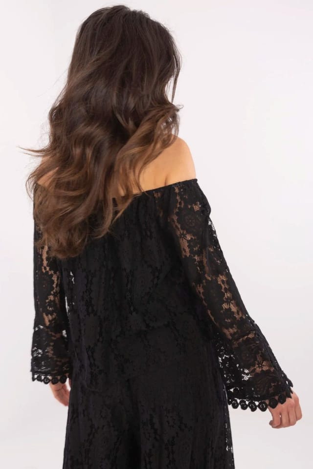 Love Lace Love Lace Women's Lace Short Blouse with Spanish Neck Tie in Black - 3