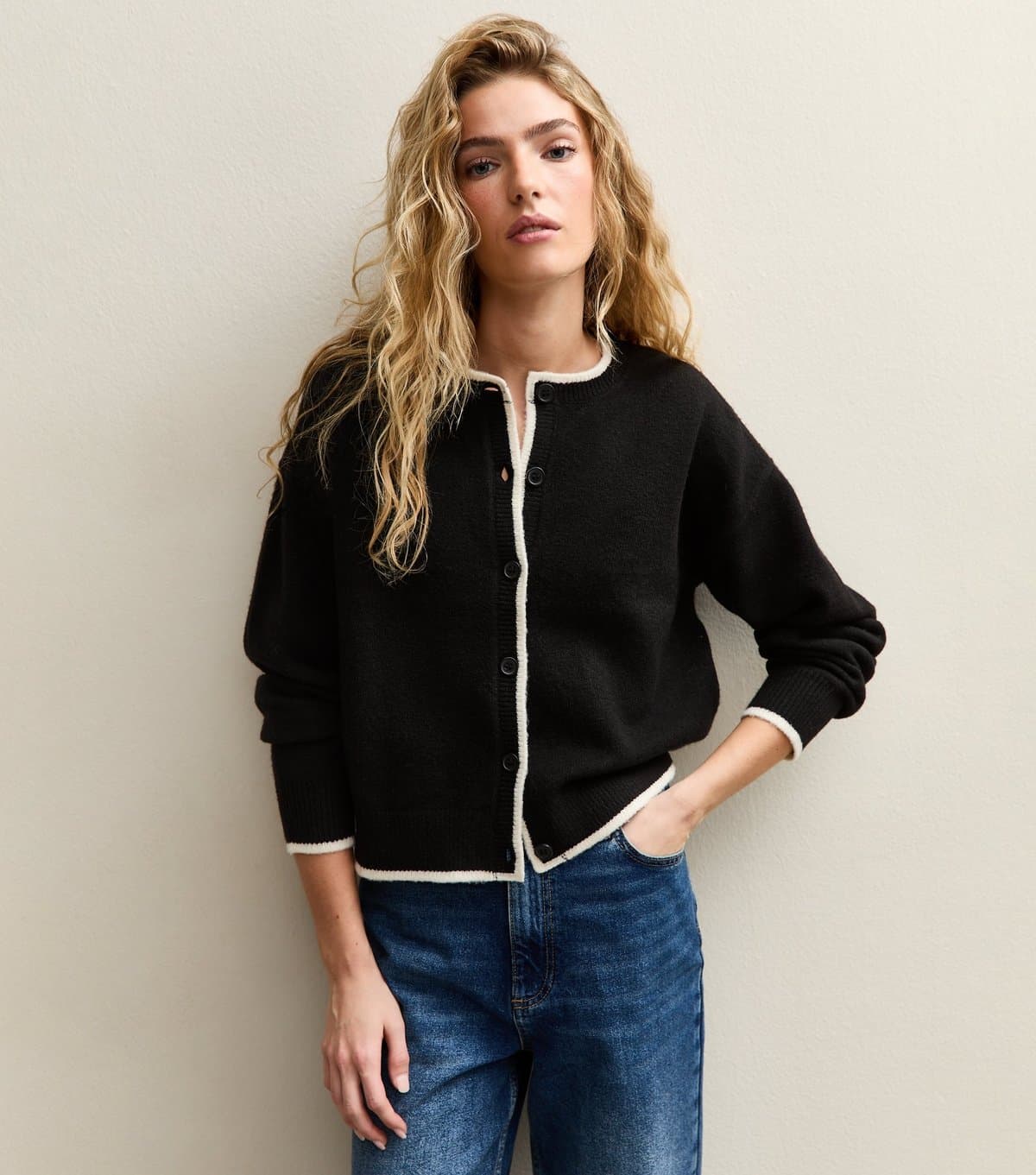 New Look New Look Black Tipped Crew Neck Cardigan