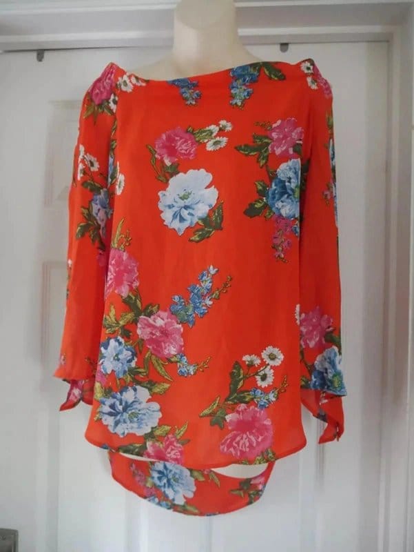New Look Vibrant Floral Blouse Size 12 New Look Off the Shoulder Top Orange/ Red Floaty - 1