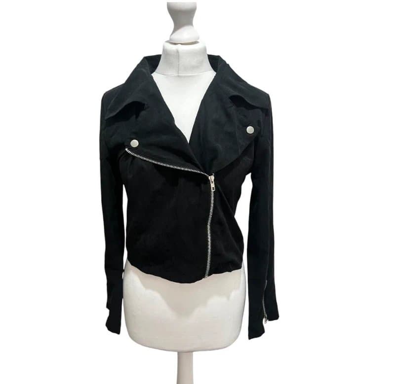 unbranded Black Faux Suede Cropped Biker Jacket Size 12 Silver Zip Moto Rock Chic Festival