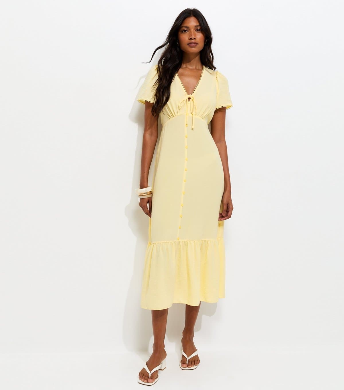New Look Women's Light Yellow Button Through Tea Midi Dress New Look