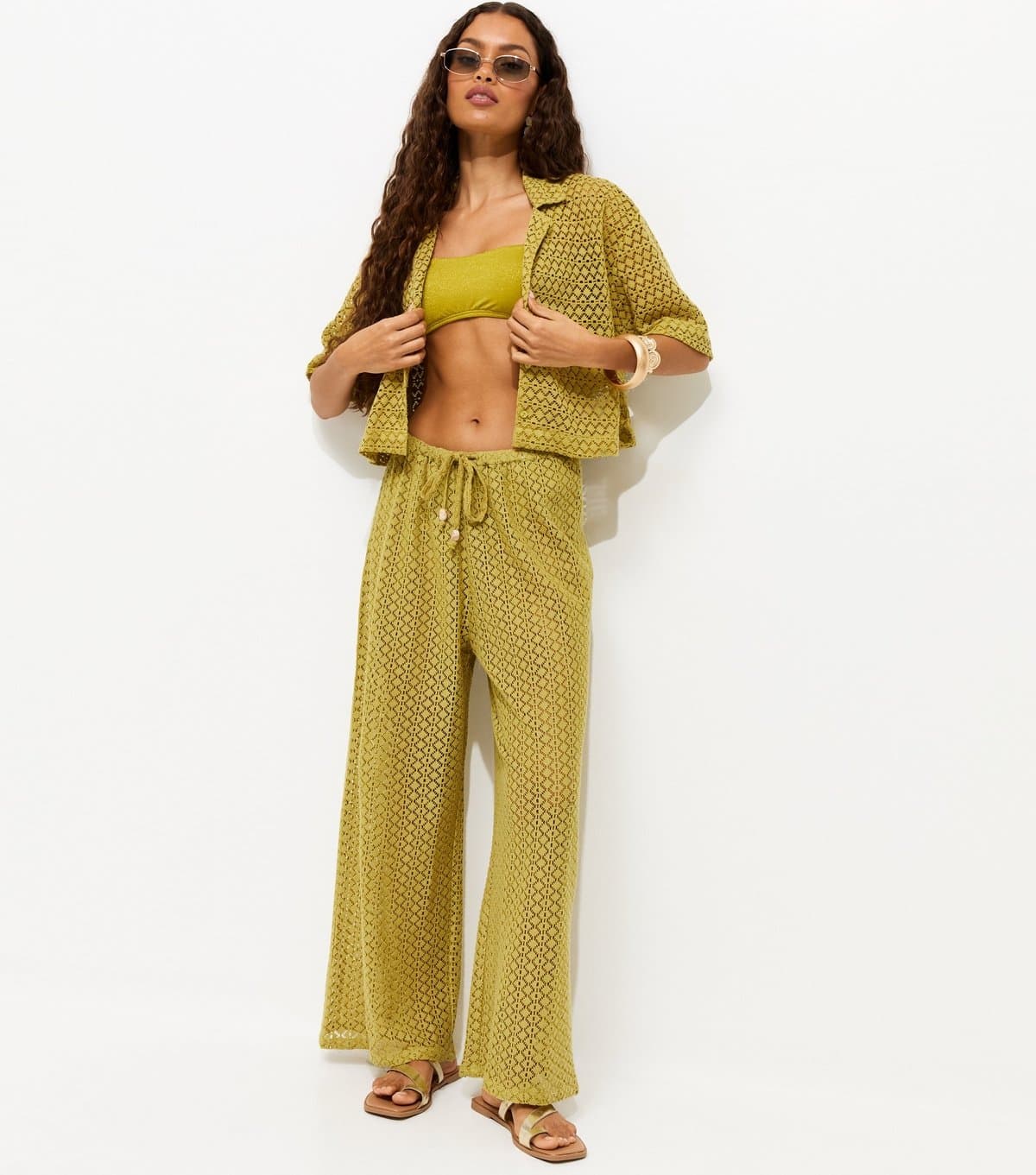 New Look Women's Petite Green Crochet Wide Leg Trousers New Look