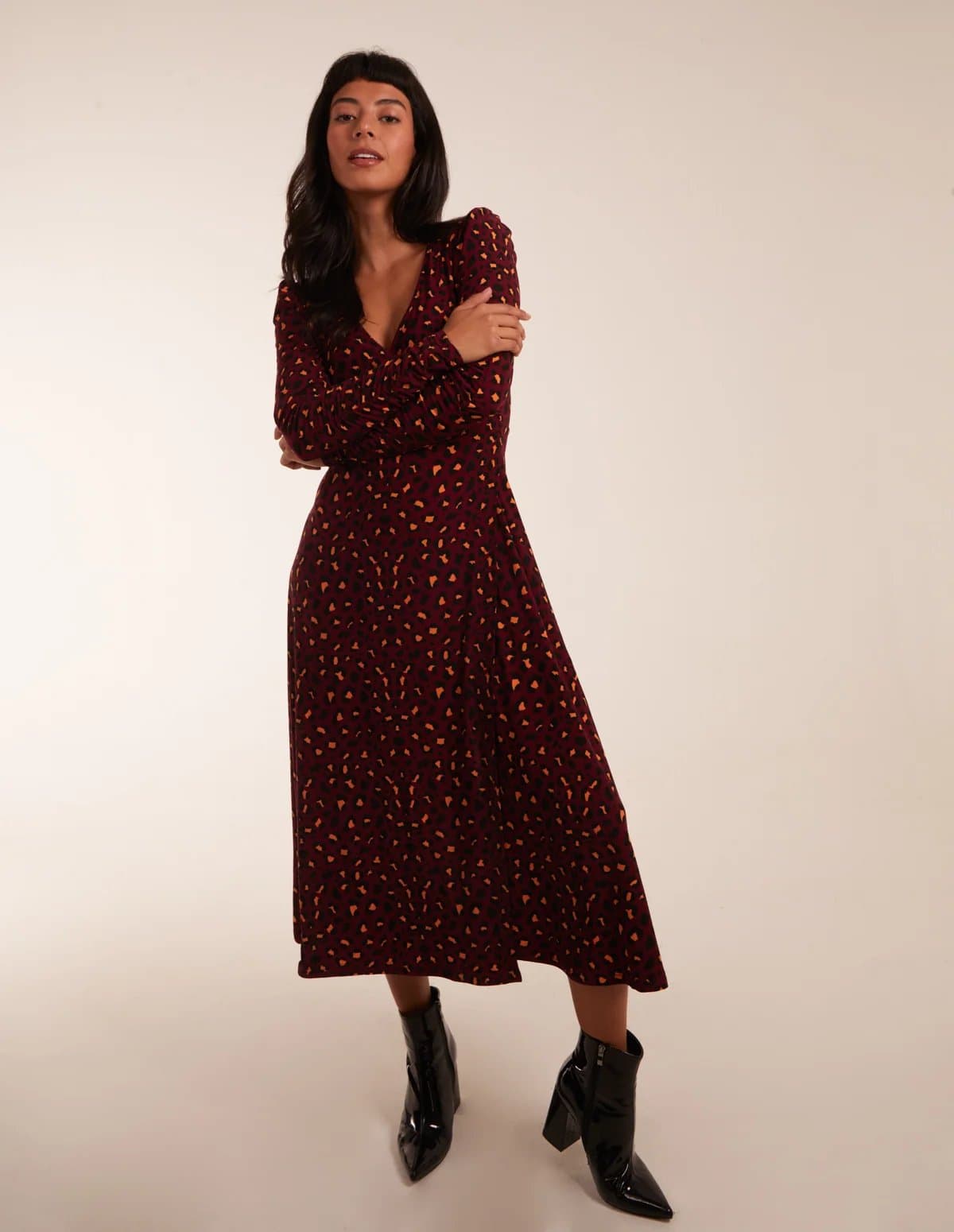 Blue Vanilla Leopard Print Wrap Front Ruched Midi Dress