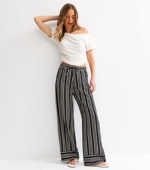 New Look Women's Black Striped Tie Waist Wide Leg Trousers New Look - 3