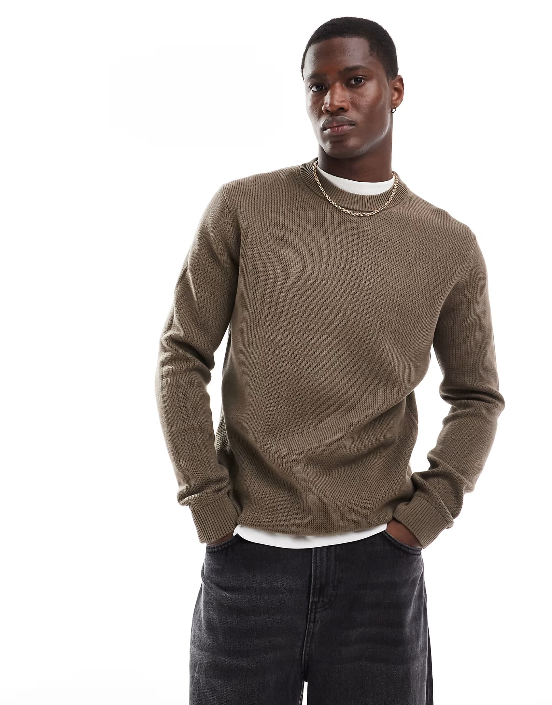 ASOS Selected 100% cotton knitted crew neck jumper in brown