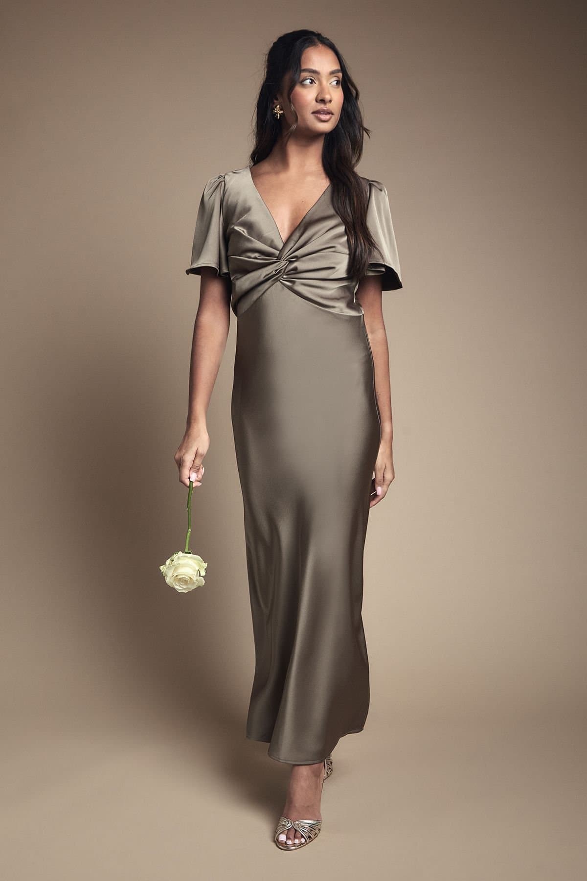 Oasis Oasis Women's Satin Twist Front Angel Sleeve Midi Bridesmaid Dress in Olive