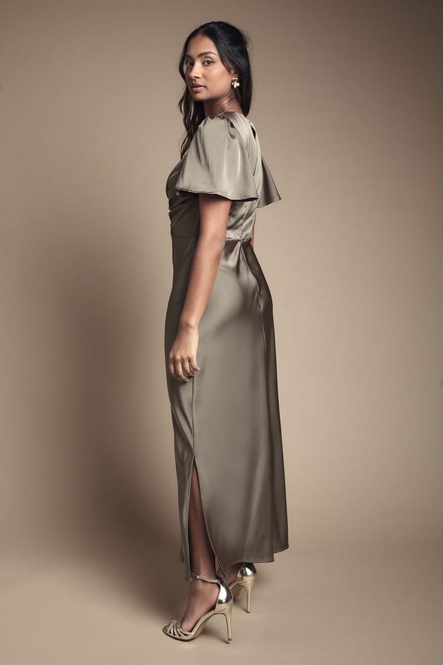 Oasis Oasis Women's Satin Twist Front Angel Sleeve Midi Bridesmaid Dress in Olive - 3