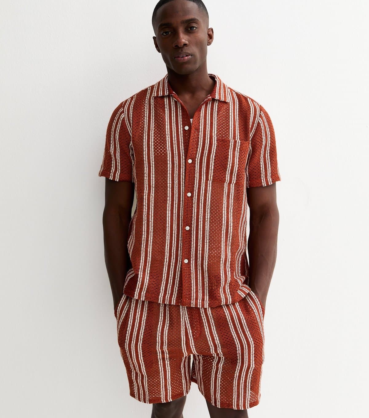 New Look Men's Red Regular Striped Textured Knit Shirt New Look