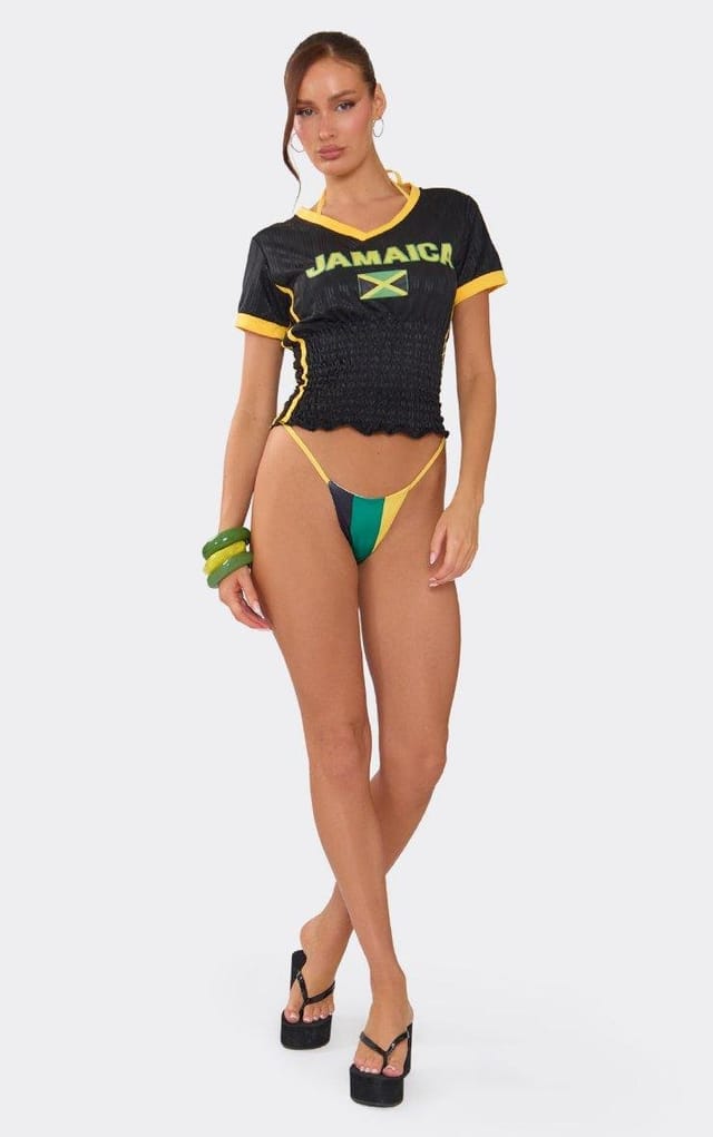 EGO Jamaica V Neck Short Sleeve Graphic Detail Football Top In Black, Women's Size UK M - 2