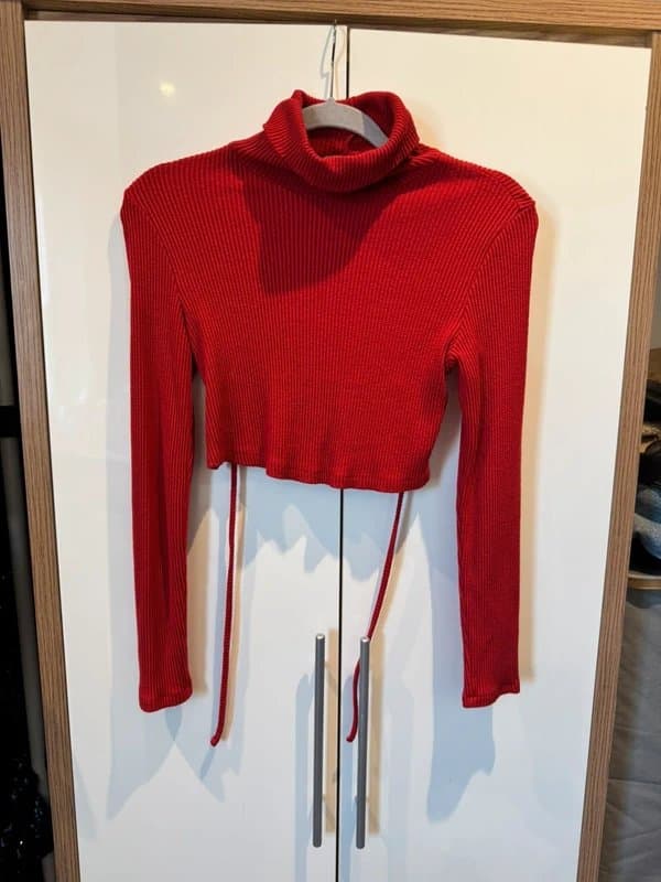 Bershka Red Ribbed Open Back Tie Crop Top