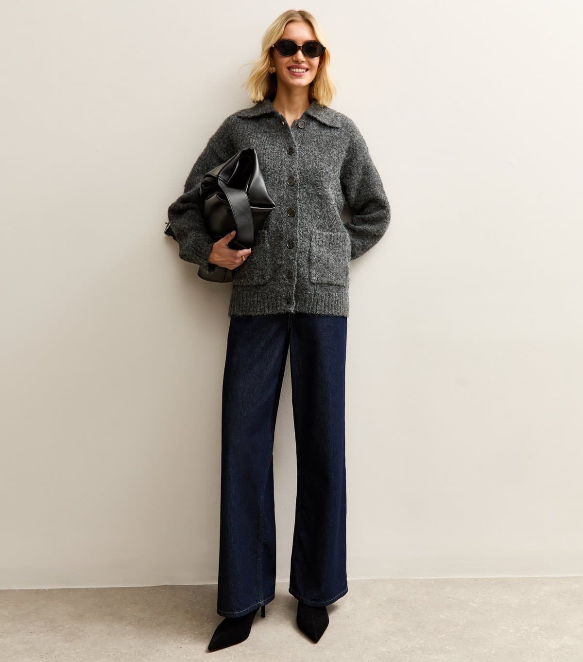 New Look Women's Grey Spread Collar Knitted Patch Pocket Cardigan New Look