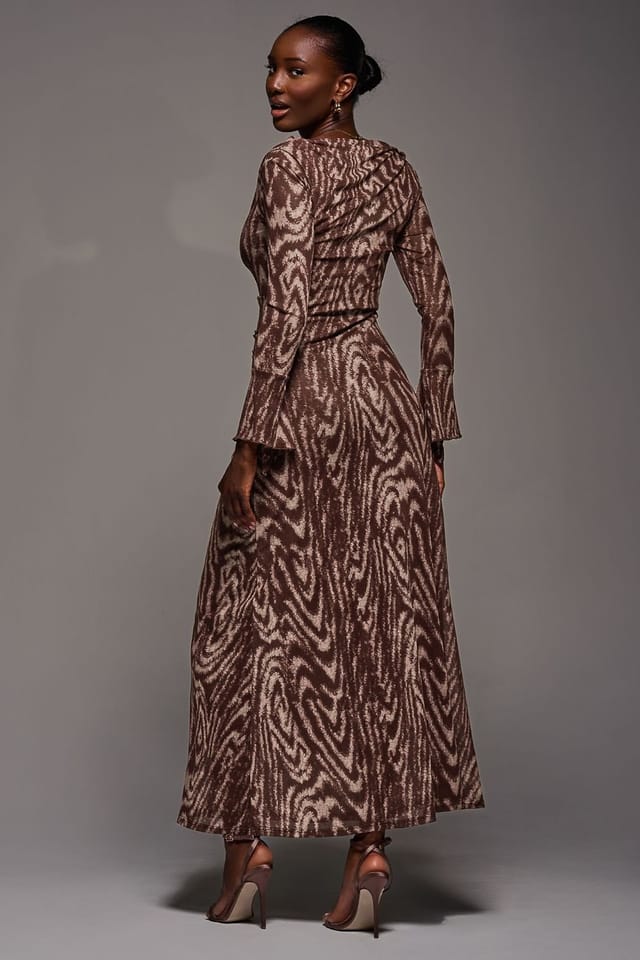 Jolie Moi Jolie Moi Women's Long Sleeve Slash Neck Maxi Dress in Brown - 2