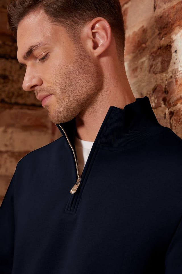 Threadbare Threadbare Men's Mock T-Shirt Quarter Zip Sweatshirt in Navy - 3