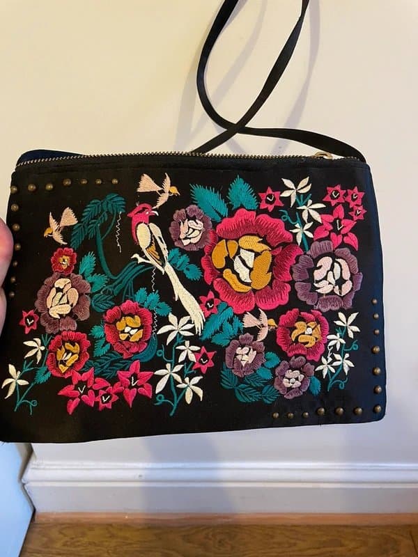 New Look Black embroidered floral satin bag