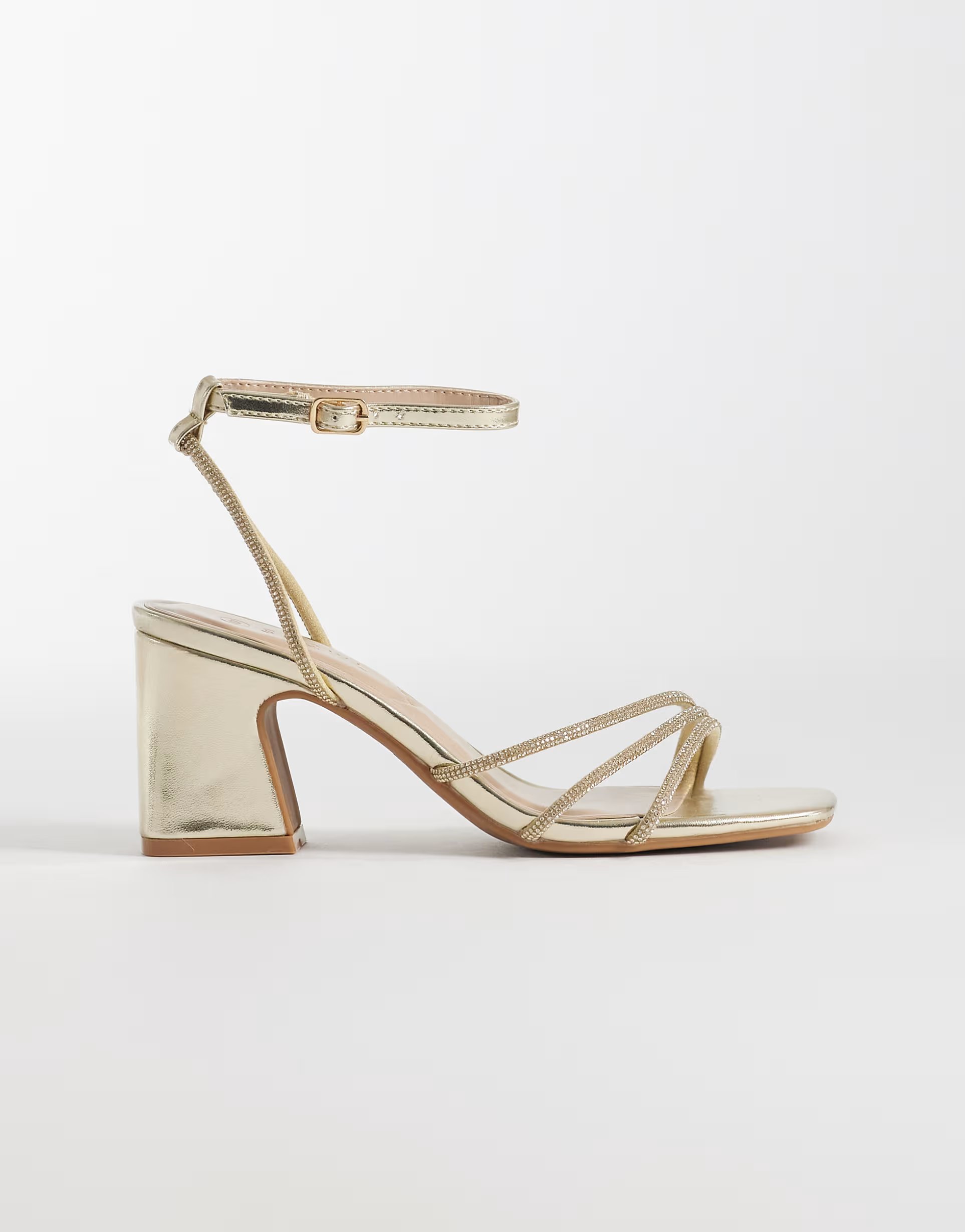 ASOS SEQWL Leal strappy block heeled embellished sandals in gold - 1