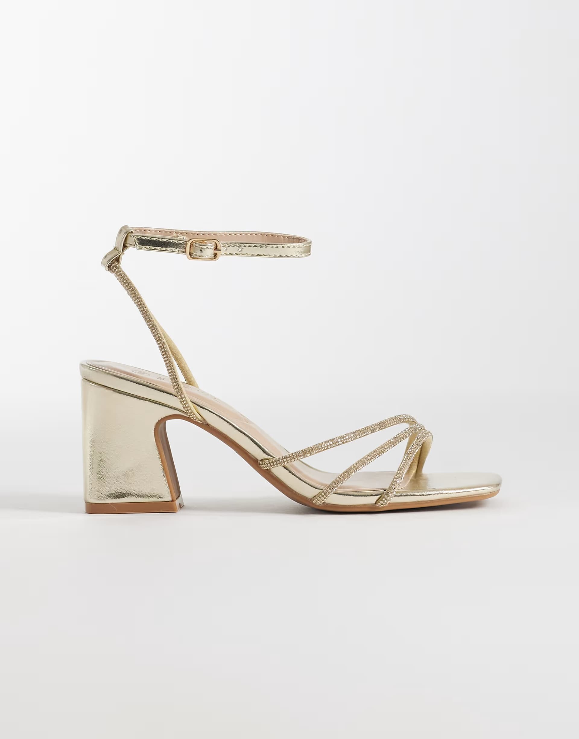 ASOS SEQWL Leal strappy block heeled embellished sandals in gold