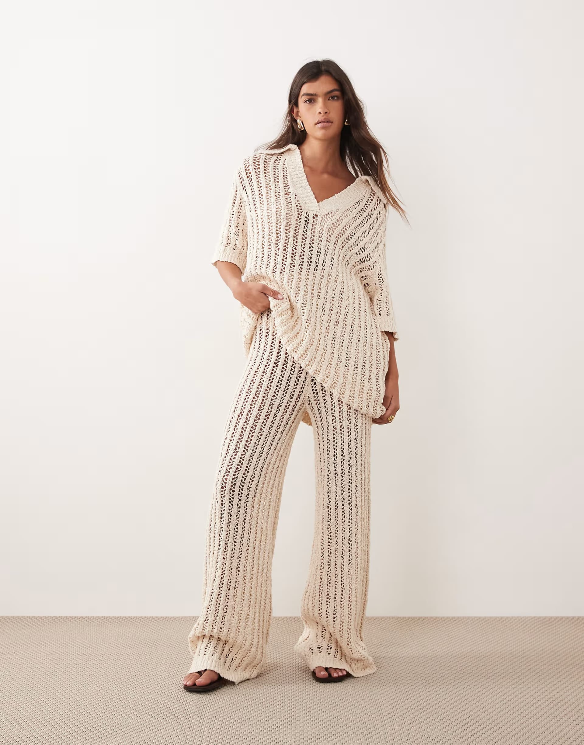 ASOS ARRANGE crochet collared top and straight leg trouser co ord in ivory