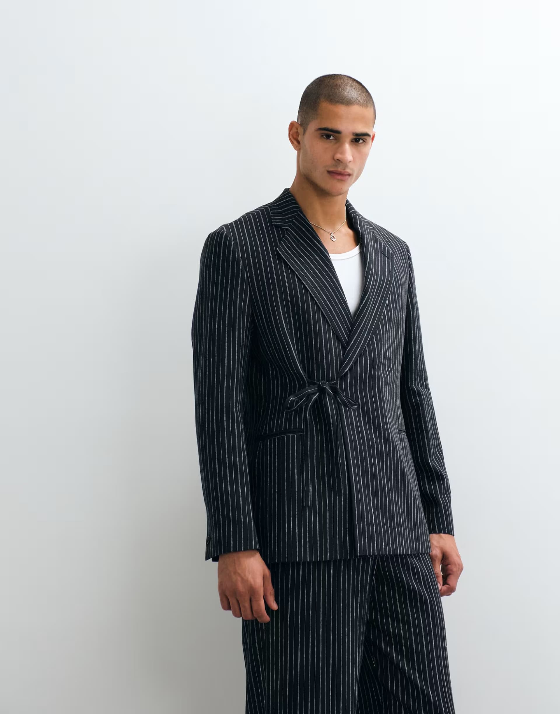 ASOS ASOS DESIGN regular linen rich suit jacket with wrap tie waist in navy pinstripe