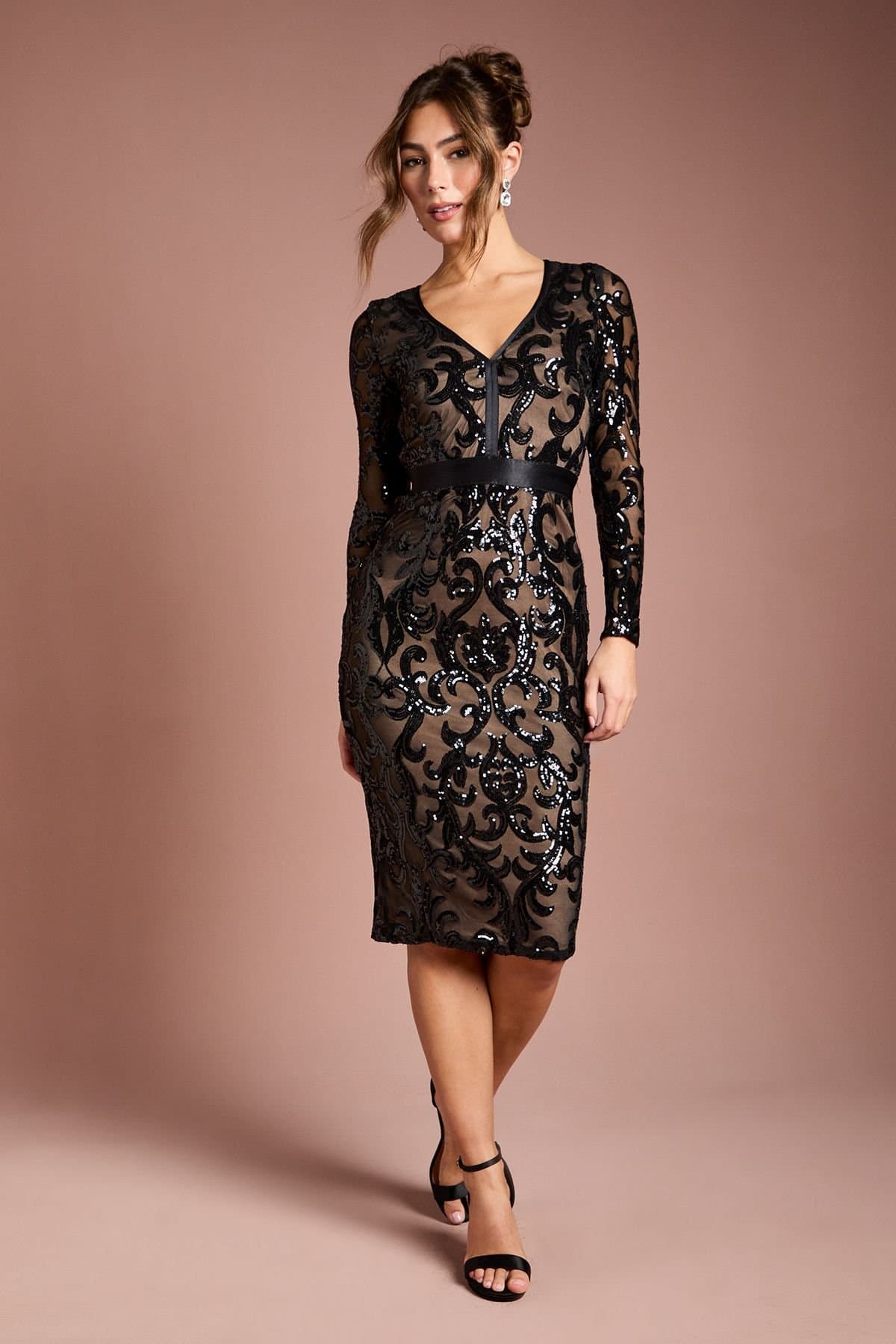 Coast Coast Women's Long Sleeve Bodycon Sequin Midi dress in Black