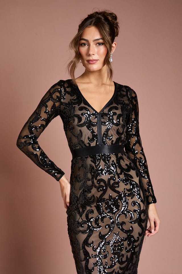 Coast Coast Women's Long Sleeve Bodycon Sequin Midi dress in Black - 2