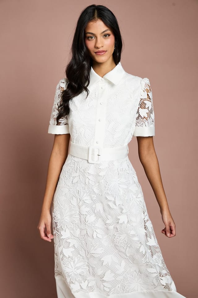 Coast Coast Women's Petite Satin Trim Lace Shirt Midi Dress in White - 2