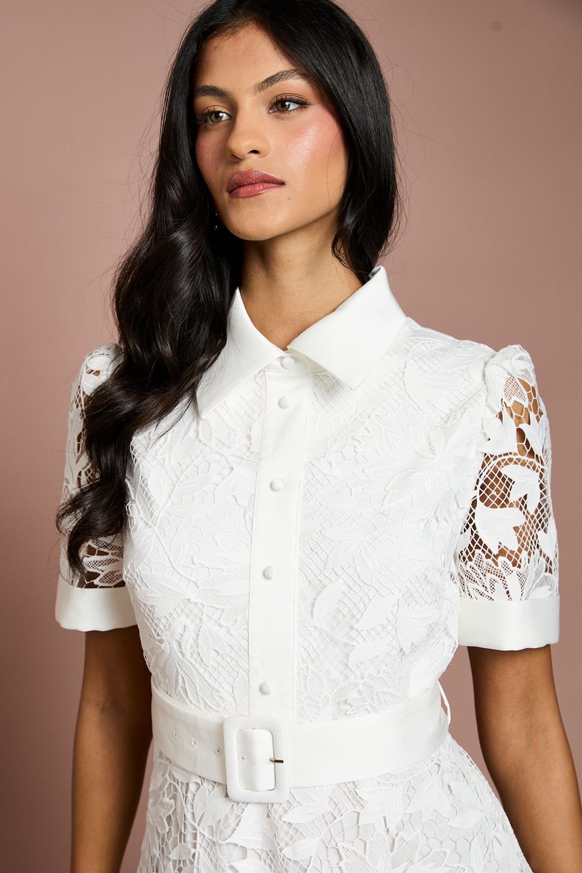 Coast Coast Women's Petite Satin Trim Lace Shirt Midi Dress in White - 4