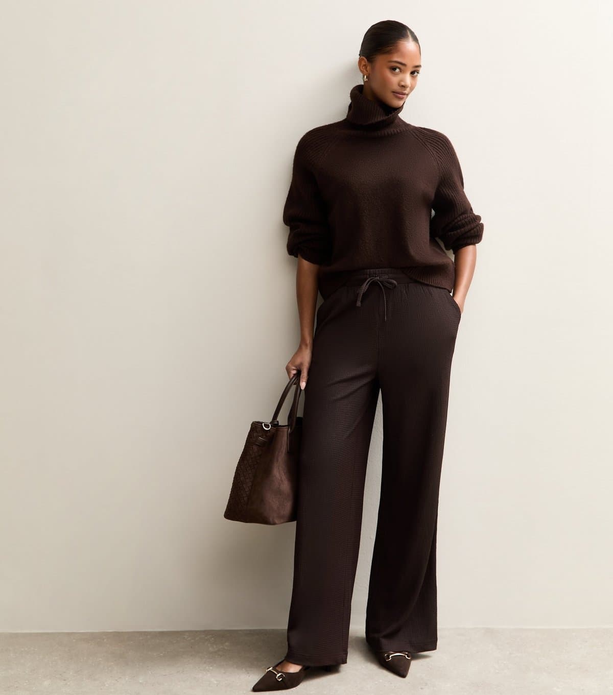 New Look Women's Dark Brown Textured Wide Leg Trousers New Look