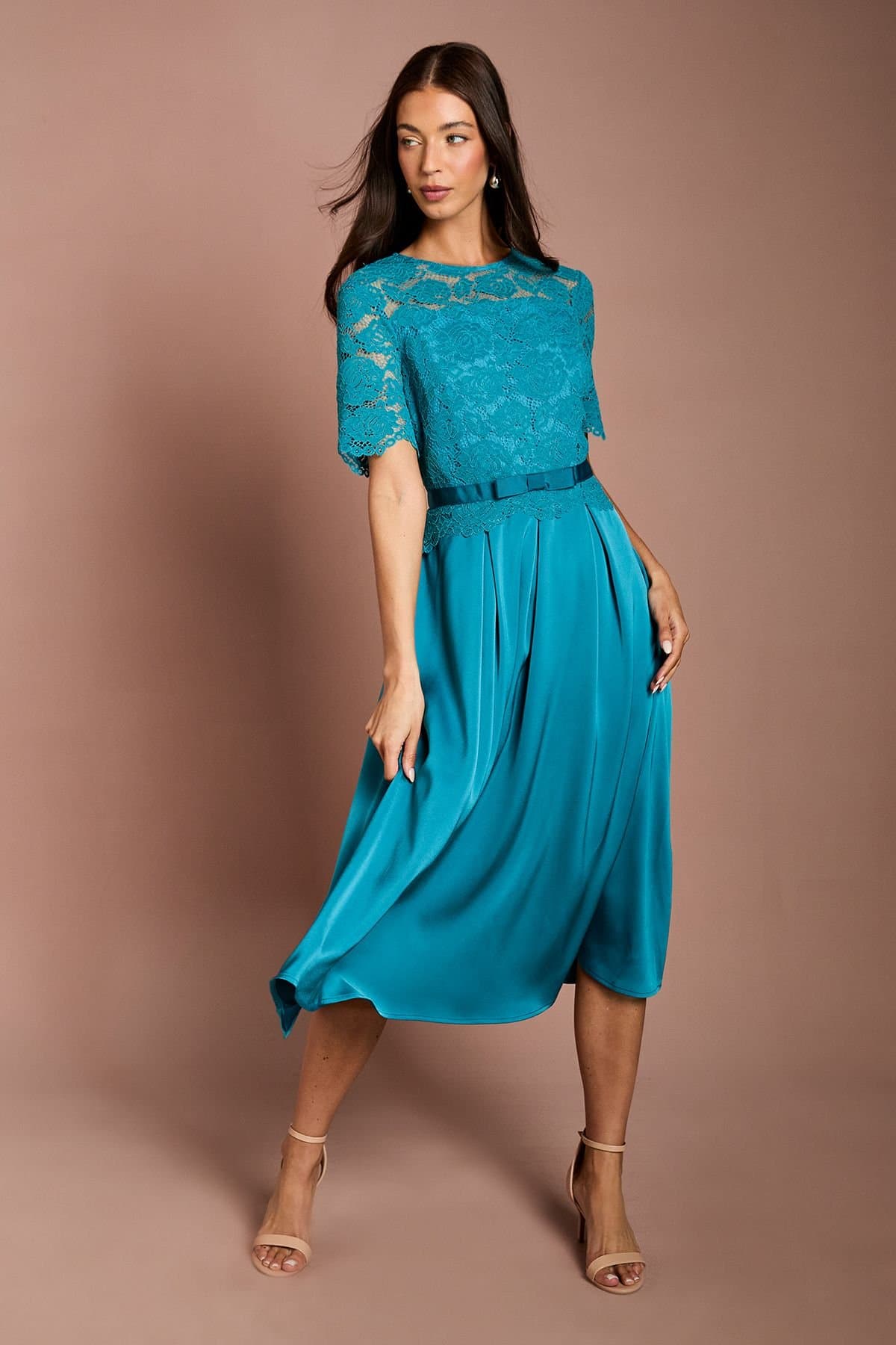 Coast Coast Women's Lace & Crepe Full Skirted Midi Dress in Teal
