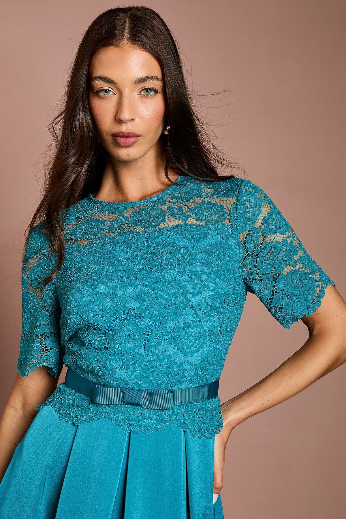 Coast Coast Women's Lace & Crepe Full Skirted Midi Dress in Teal - 4