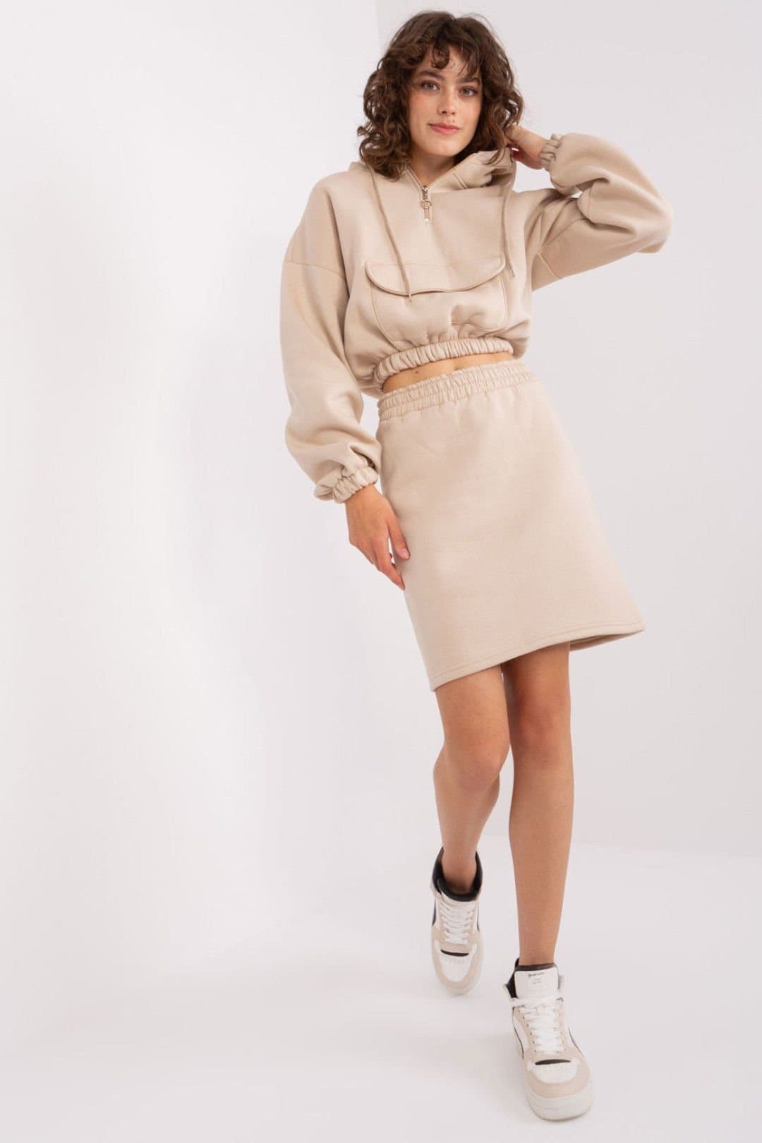 Love Lace Love Lace Women's Hooded Short Sweatshirt & Skirt Set in Beige