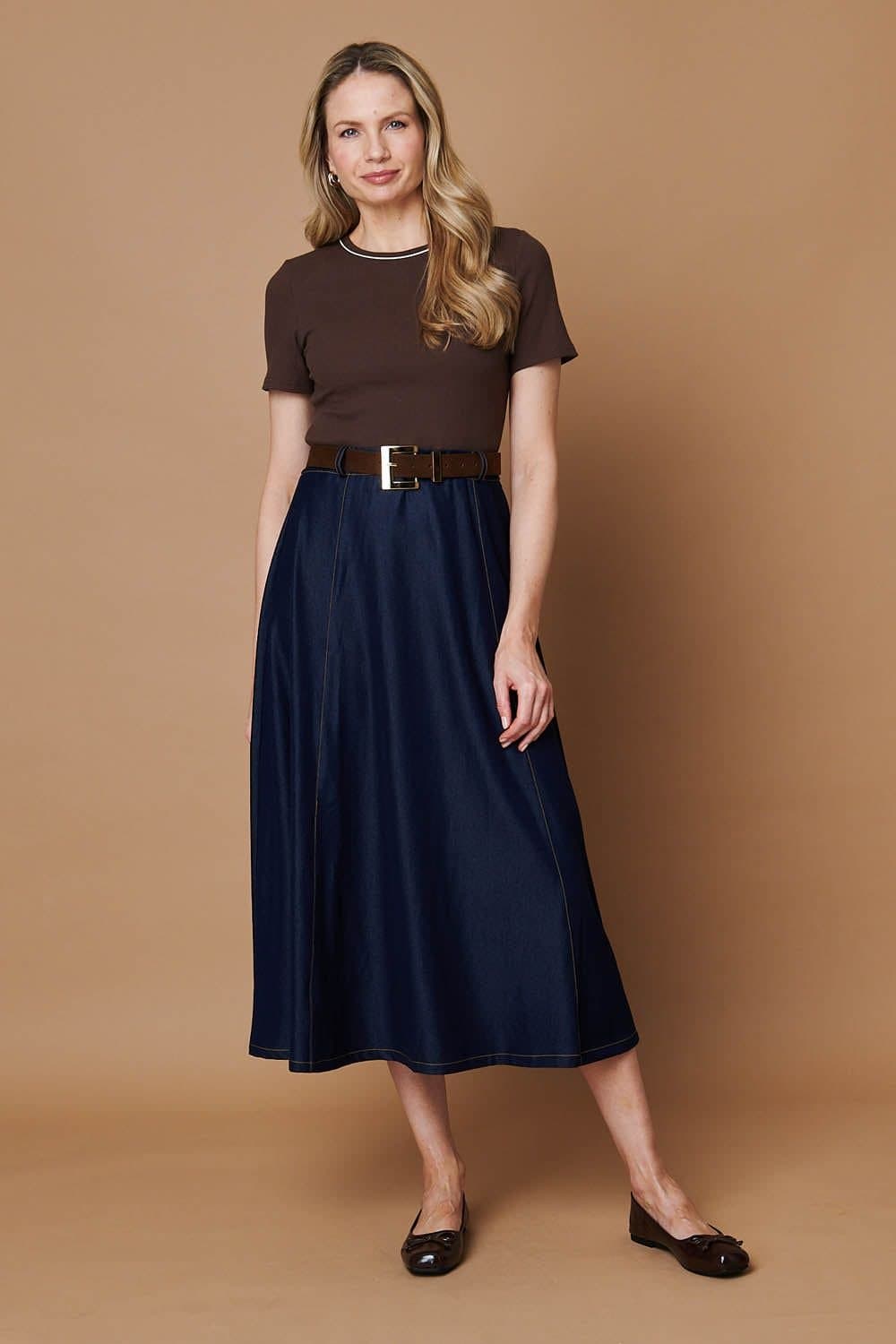 Izabel London Izabel London Women's Removable Belt Denim Skirt Midi Dress in Brown
