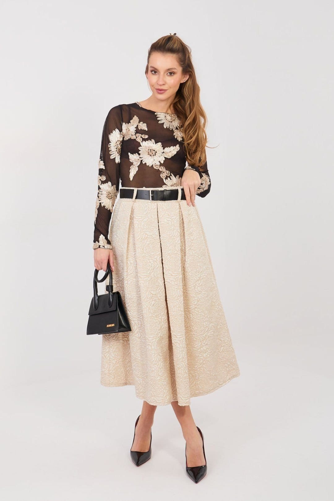 Love Lace Beige Flared Midi Skirt with Elastic Waist