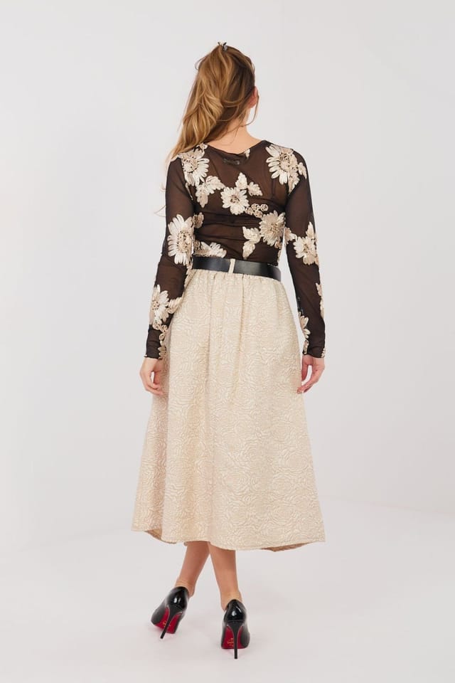 Love Lace Love Lace Women's Flared Midi Skirt with Elastic Waist Pockets in Beige - 3